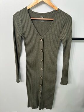SO Olive Green Ribbed Button-Front Long Sleeve Dress